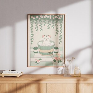 Japandi Cat Wall Art – Minimalist Bathroom Print – Cute Cat in Bathtub Poster – Cat Lover Gift – Playful Pet Decor for Spa or Washroom