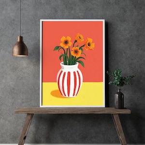 Póster de arte mural con diseño floral abstracto en jarrón, girasoles en un jarrón con fondo vibrante, arte mural floral minimalista, impresiones de flores coloridas.
