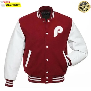 Kurtka Philadelphia Phillies Maroon Wool & White Genuine Leather Sleeves | Kurtka baseballowa MLB Baseball Fan Letterman Retro Style Varsity Jacket dla mężczyzn