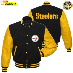 Pittsburgh Steelers Black & Yellow Letterman Varsity Jacket | American Football Fan Custom Bomber Jacket | Men&#39;s Retro Football Jacket