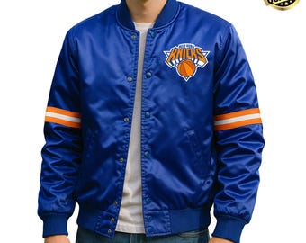 HANDMADE New York Satin Bomber Varsity Jacket, Vintage Blue Knicks Jacket For Men, Athletic Basketball Baseball Full-Snap Embroidered Jacket