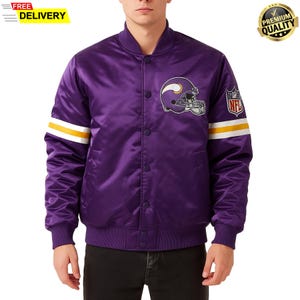 Blouson universitaire aviateur Letterman Vikings du Minnesota, veste en satin violet fait main vintage Ligue de football américain pour homme