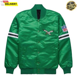 Kurtka bomberka Philadelphia Eagles Green Satin Varsity | Kurtka w stylu vintage letterman z pełnym zapięciem na zatrzaski | Kurtka sportowa | Prezent dla niego