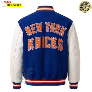 May include: A blue varsity jacket with white leather sleeves and a ribbed collar, cuffs, and hem featuring orange and white stripes. The back displays the text NEW YORK KNICKS in large orange letters with a white outline against the blue wool body.