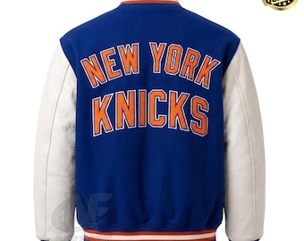 Chaqueta universitaria para hombre de los New York Knicks / Chaqueta azul de lana con mangas de cuero auténtico blanco / Chaqueta bomber estilo Letterman personalizada para aficionados al baloncesto