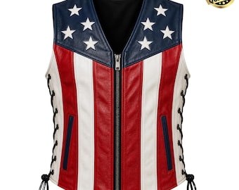 Men's American Flag Leather Biker Vest | Genuine Cowhide Stars & Stripes Waistcoat | Patriotic Motorcycle Vest | Veteran Gift for Him