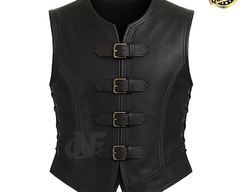 Handgemaakt middeleeuws zwart leren vest voor heren | Vintage renaissance-schapenleer vest | Kostuumcadeau echt leren gesp aan voorkant