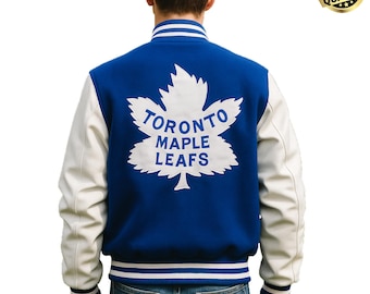 Maple Leafs Mens Varsity Jacket | Toronto Blue Wool & White Real Leather Sleeves Jacket | Hockey Fans Custom Bomber Letterman Style Jacket