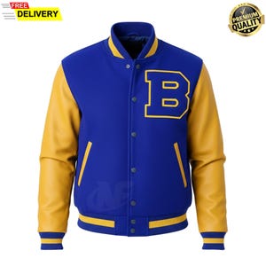 May include: A blue and yellow varsity jacket with a large letter "B" on the chest. The jacket has yellow leather sleeves, a blue body, and yellow trim on the collar, cuffs, and waistband. The jacket has a button-up front. The words "FREE DELIVERY" are in the top left corner.