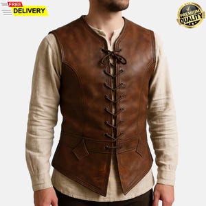 Men&#39;s Medieval Style Brown Leather Vest | Handmade Vintage Renaissance Leather Vest | Real Leather Medieval Costume Gift