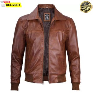 Men&#39;s Brown Handmade Biker Style Leather Jacket, Causal Bomber Zip-Up Real Lambskin Leather Jacket, Fashion Jacket Gift for Him
