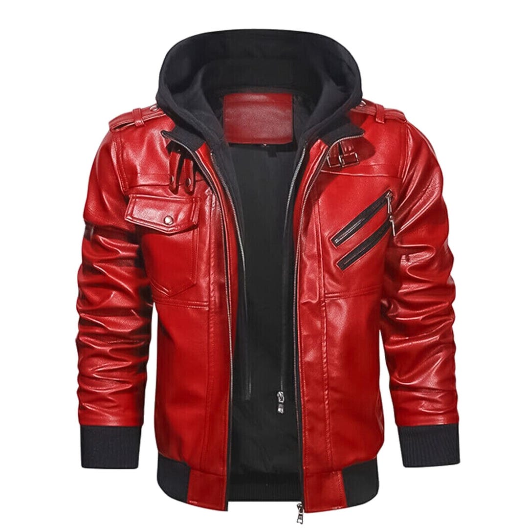 Red & Black Mens Genuine Leather Hooded Jacket | Real Sheepskin