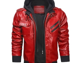 Red & Black Mens Genuine Leather Hooded Jacket | Real Sheepskin Biker Rider Bomber Motorcycle Jacket, Handmade Jacketnwith Removeable Hood