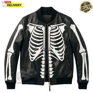 May include: A black bomber jacket featuring a white skeleton rib cage and arm bone graphic print on the front. The jacket has a ribbed black collar, cuffs, and hem, with a central silver-toned metal zipper closure and two side pockets.