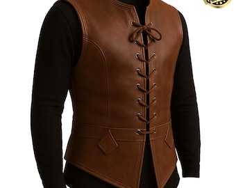 Men's Medieval Style Brown Leather Vest | Handmade Vintage Renaissance Leather Vest | Real Leather Medieval Costume Gift