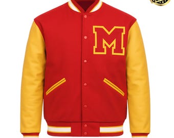 Chaqueta universitaria estilo bomber Letterman de MJ Thirller / Chaqueta de Halloween de Michael Jackson hecha a mano / Chaqueta unisex con cuerpo de lana y mangas de cuero para hombre