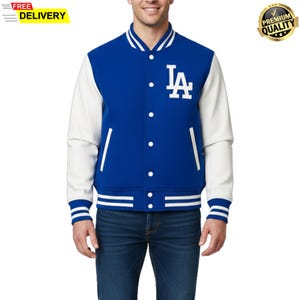 Custom Los Angeles Blau & Weiß Letterman Varsity Jacke | American Football handgemachte Bomberjacke | Dodgers Herren Retro Baseballjacke