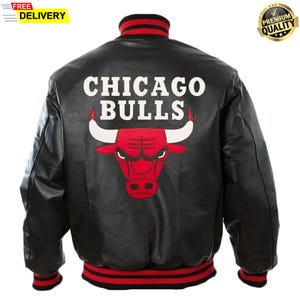 Men&#39;s Vintage Chicago Bulls Letterman Leather Varsity Jacket | Basketball Team Fans Retro Black & Red Leather Jacket | Best Gift For Him/Her