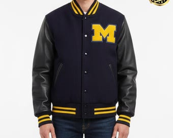 Michigan Varsity Jacket – Men's Black Wool Letterman With Leather