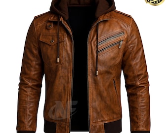 Distressed Brown Hooded Real Leather Jacket | 100% Genuine Leather Classic Biker Bomber Motorcycle Jacket with Removable Hood