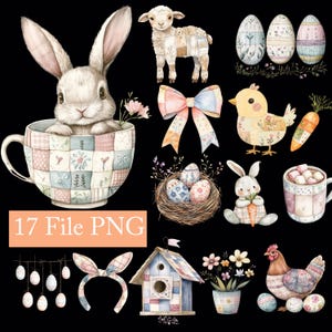 May include: A collection of watercolour illustrations with an Easter theme on a black backdrop. Features a bunny in a teacup, a lamb, decorated eggs, a chick, a bow, a nest with eggs, a bunny with a carrot, a mug with marshmallows, a birdhouse, and a chicken.
