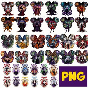May include: A collection of digital graphic illustrations featuring various animated villains arranged in Mickey Mouse ear shapes and oval frames. The characters include figures in red, purple, black, and green outfits, with detailed backgrounds and bows.