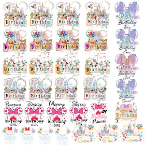 Könnte beinhalten: Eine Sammlung farbenfroher Designs zum Thema Geburtstag mit Zeichentrickfiguren und Schlössern. Der Text enthält "Birthday Crew", "Birthday Squad", "Birthday Girl" und "Birthday Boy". Die Designs beinhalten auch Minnie-Mouse-Ohren und Texte wie "Brother", "Daddy", "Mommy" und "Sister".