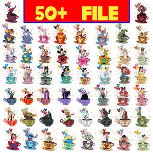 May include: A collection of colorful digital illustrations featuring various cartoon characters in teacups. Each character is depicted with balloons, set against a white background. The text "50+ FILE" is displayed in red and yellow.