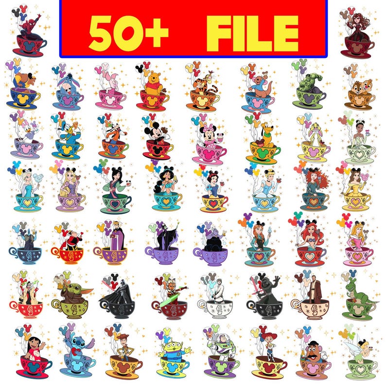 May include: A collection of colorful digital illustrations featuring various cartoon characters in teacups. Each character is depicted with balloons, set against a white background. The text "50+ FILE" is displayed in red and yellow.