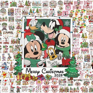 May include: A Christmas-themed collage featuring Disney characters. The central image shows Mickey, Minnie, Donald, Goofy, and Pluto in festive attire, with a Christmas tree and gifts. Text reads "Merry Christmas 2025". Surrounding images include Disney holiday graphics.