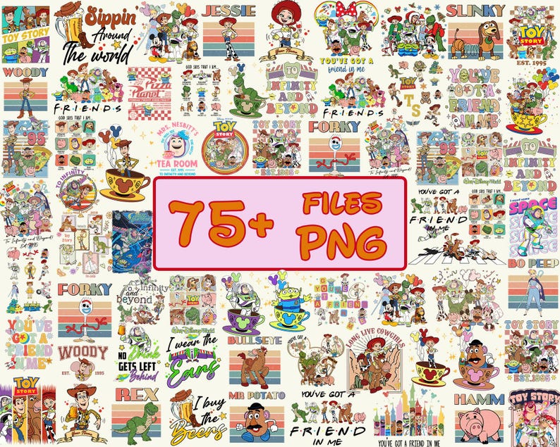 K&ouml;nnte beinhalten: Eine Sammlung von &uuml;ber 75 PNG-Dateien mit Charakteren und Zitaten aus Toy Story. Die Designs umfassen Woody, Buzz Lightyear, Jessie und andere Charaktere, mit Textelementen wie "Friends" und "You've Got a Friend in Me."