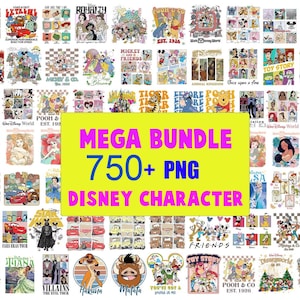 May include: A collection of Disney character PNG images. The image features a variety of Disney characters from movies like Toy Story, The Little Mermaid, and Winnie the Pooh. Text on the image reads "MEGA BUNDLE 750+ PNG DISNEY CHARACTER."