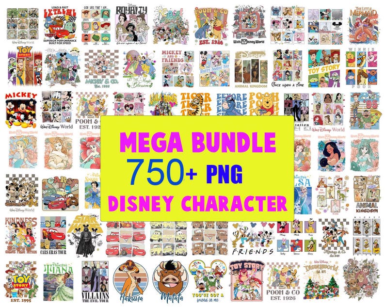May include: A collection of Disney character PNG images. The image features a variety of Disney characters from movies like Toy Story, The Little Mermaid, and Winnie the Pooh. Text on the image reads "MEGA BUNDLE 750+ PNG DISNEY CHARACTER."