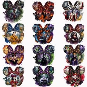 Puede incluir: Una colecci&oacute;n de doce diademas con orejas de rat&oacute;n, cada una con un villano de Disney diferente. Las orejas est&aacute;n decoradas con ilustraciones de acuarela de personajes como Scar, Cruella de Vil y &Uacute;rsula. Los lazos son de varios colores y patrones.
