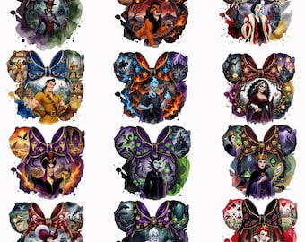 May include: A collection of twelve mouse ear headbands, each featuring a different Disney villain. The ears are decorated with watercolor illustrations of characters like Scar, Cruella de Vil, and Ursula. The bows are in various colors and patterns.