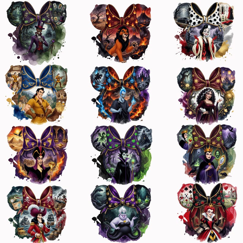 Puede incluir: Una colecci&oacute;n de doce diademas con orejas de rat&oacute;n, cada una con un villano de Disney diferente. Las orejas est&aacute;n decoradas con ilustraciones de acuarela de personajes como Scar, Cruella de Vil y &Uacute;rsula. Los lazos son de varios colores y patrones.