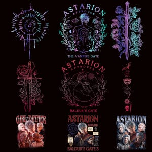 Puede incluir: Una colección de diseños gráficos sobre un fondo negro. Los diseños incluyen ilustraciones de espadas, rosas y personajes con textos como "ASTARION APPROVES", "THE VAMPIRE GATE", "GIRL DINNER" y "BALDUR'S GATE 3". La paleta de colores incluye tonos de morado, rosa y verde azulado.