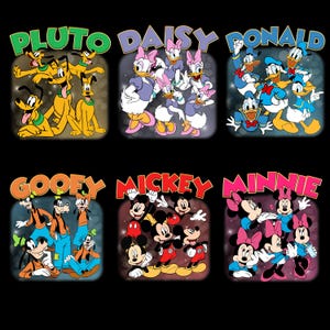 May include: A collection of six graphic designs featuring Disney characters. Each design showcases a different group of characters, including Pluto, Daisy, Donald, Goofy, Mickey, and Minnie Mouse, with their names above.