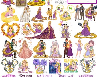 Könnte beinhalten: Eine Sammlung von Illustrationen und Logos zum Thema Rapunzel. Die Bilder zeigen Rapunzel in verschiedenen Posen, unter anderem mit ihrem langen blonden Haar und mit anderen Charakteren. Das Disney-Logo ist ebenfalls vorhanden.