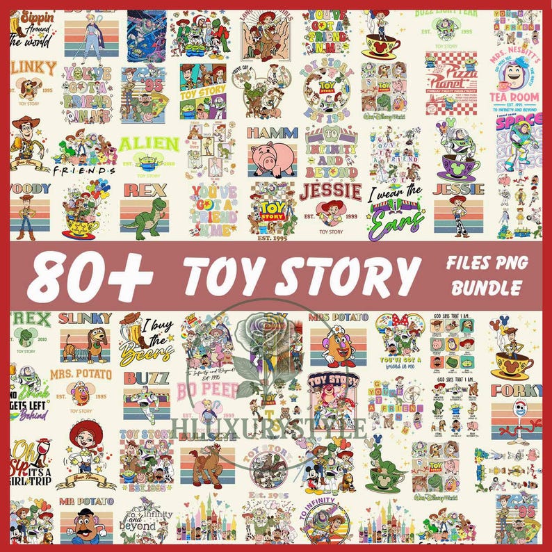 May include: A collection of over 80 PNG files featuring Toy Story characters and quotes. The designs include Woody, Buzz Lightyear, Jessie, and other characters, with text that reads "Toy Story" and "Files PNG Bundle."