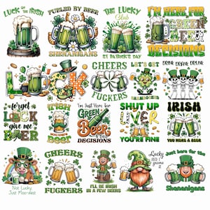 Puede incluir: Una colección de gráficos con temática del Día de San Patricio que presentan jarras de cerveza, tréboles y frases humorísticas como "Luck of the Irish" y "I'm Just Here for Green Beer Decisions". Los diseños son en verde, blanco y dorado.