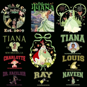 May include: A collection of graphic designs featuring characters and elements from Disney's "The Princess and the Frog." Designs include Princess Tiana, Charlotte, Dr. Facilier, Ray, Louis, and Naveen, with text reading "Est. 2009."