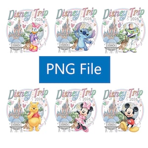 Puede incluir: Seis diseños temáticos de Disney con personajes como Daisy Duck, Stitch y Buzz Lightyear. Cada diseño incluye el texto "Disney Trip 2026" y un logotipo de Hollywood Studios, sobre un fondo colorido.