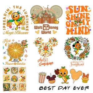 May include: A selection of orange and yellow graphic designs featuring the Orange Bird character. Designs include text like "Spreadin' the Sunshine," "Hello Sunshine," and "Best Day Ever," with Disney World imagery.