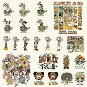 May include: A collection of Disney-themed graphics featuring Mickey Mouse, Donald Duck, and other characters in safari attire. The designs include characters in teacups, text that says "Mickey & Co. EST. 1928", and the phrase "Let's Get Wild!"