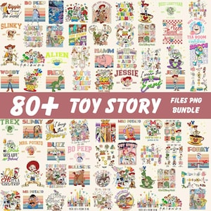 May include: A collection of 80+ Toy Story PNG files. The image features various character designs, including Woody, Buzz Lightyear, and Jessie, with phrases like "To Infinity and Beyond." The text "80+ TOY STORY FILES PNG BUNDLE" is also visible.