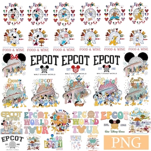 May include: A collection of colorful Disney-themed designs featuring Mickey Mouse, Minnie Mouse, Donald Duck, and Goofy. The designs include the text "EPCOT" and "EPCOT INTERNATIONAL FOOD & WINE". The designs are in a variety of styles.