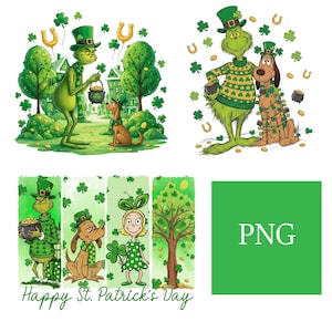 May include: A collection of St. Patrick's Day themed illustrations featuring a green character in a top hat, a dog, and a girl, all adorned with shamrocks and gold coins. The phrase "Happy St. Patrick's Day" is written at the bottom.