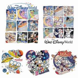 May include: A selection of retro Disney Space Mountain designs. Mickey Mouse, Donald Duck, and Goofy are depicted in astronaut suits, with the Walt Disney World logo. The colour scheme includes blues, reds, and yellows.