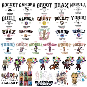 May include: A collection of graphic designs featuring characters from Guardians of the Galaxy. Designs include character names like Rocket, Gamora, and Groot, with accompanying logos and the text "Guardians of the Galaxy."